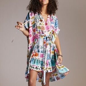 Beatrice B x Anthropologie Nautical Ocean Lg Blue Pink Silk Ruffle Mini Italy